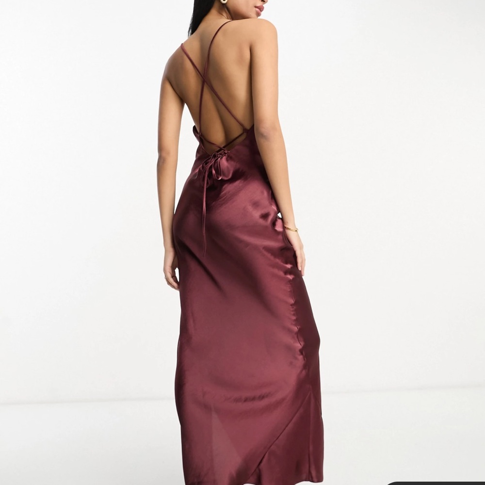 ASOS DESIGN cami maxi slip dress in hi-shine satin with lace up back in wine